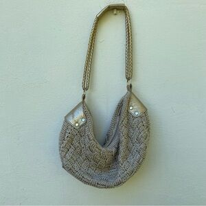 Y2K Boho Tan Gold Crochet Shoulder Bag